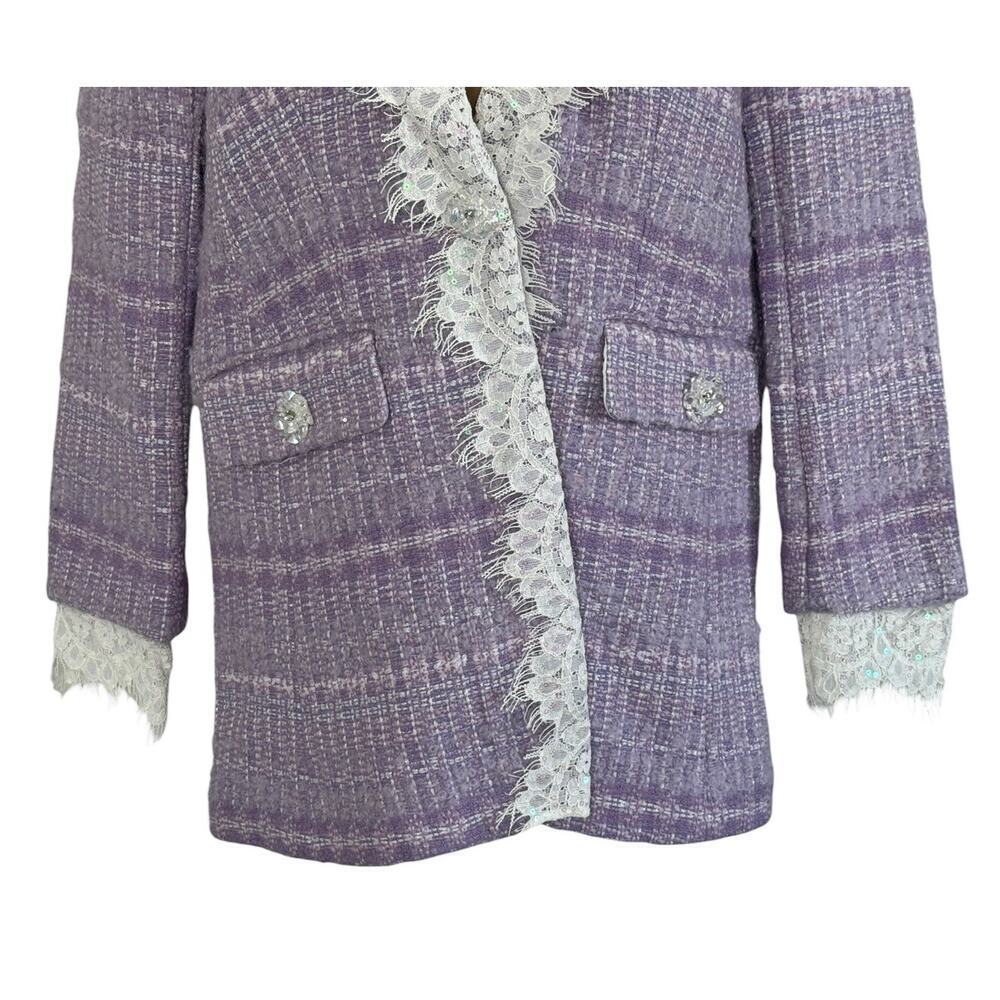 MARIE ELIE Lavender Tweed Wool Lace Trim Designer Blazer Metallic Jacket Sz L - Picture 5 of 12